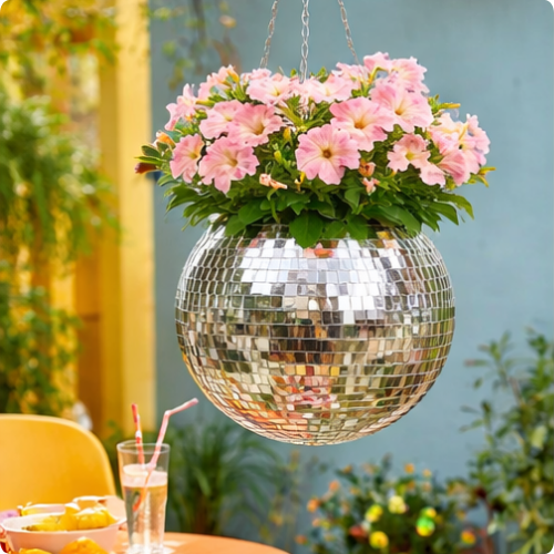 Maceta colgante estilo discoteca retro 
