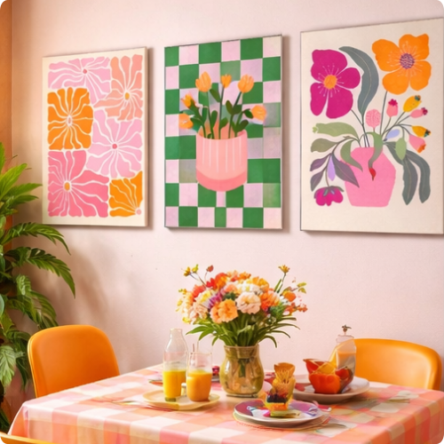 Pósteres de pared con flores y jarrones coloridos