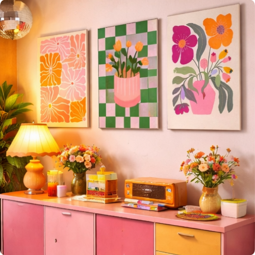 Pósteres de pared con flores y jarrones coloridos