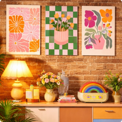 Pósteres de pared con flores y jarrones coloridos