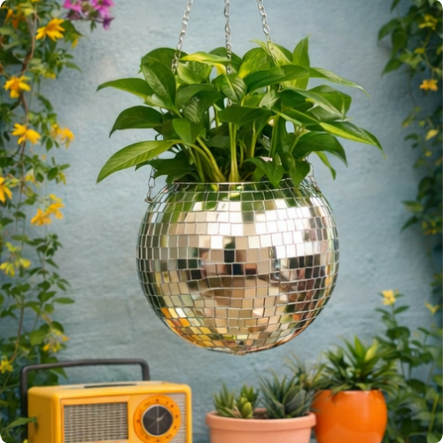 Maceta colgante estilo discoteca retro 