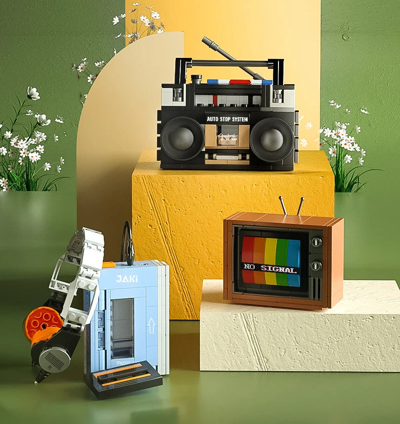 Electrodomésticos retro para hacer uno mismo, muebles, televisores, ordenadores, cintas, walkman, consolas de juegos, radios, bloques de construcción, modelos, juego de ladrillos, juguetes.